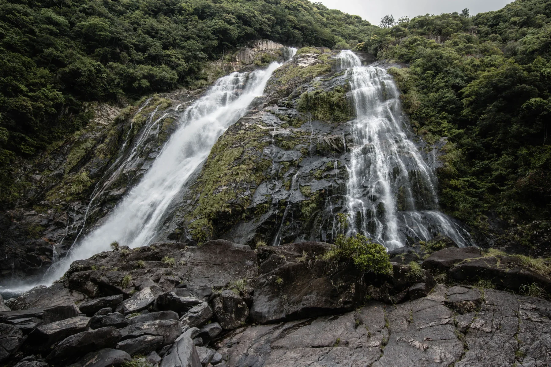 屋久島森林中的多層岩壁瀑布，水流沿陡壁向下