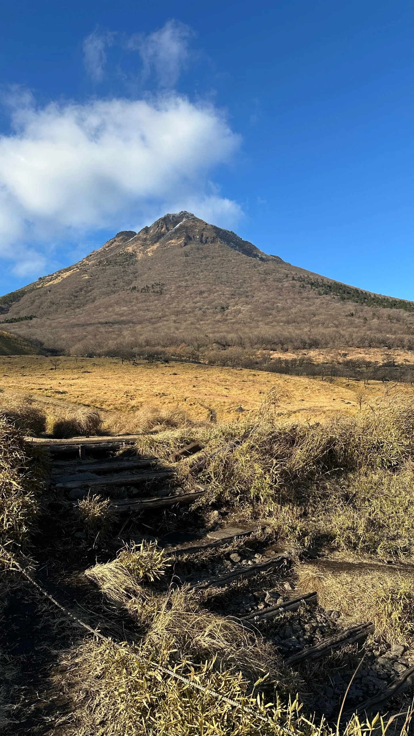 秋季草原前的由布岳，山麓可見步道